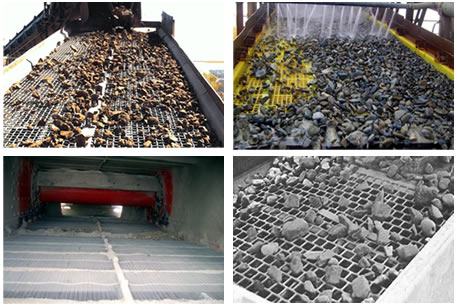 Woven, polyurethane, self-cleaning and perforated vibrating screen mesh application.